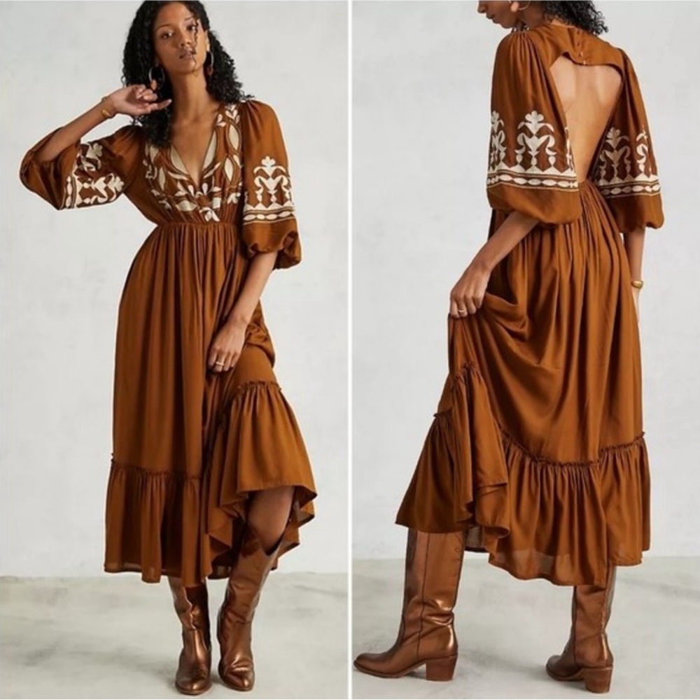 Anthropologie Let Me Be Embroidered Open-
NWT
Back Bell Sleeve Brown Maxi Dress